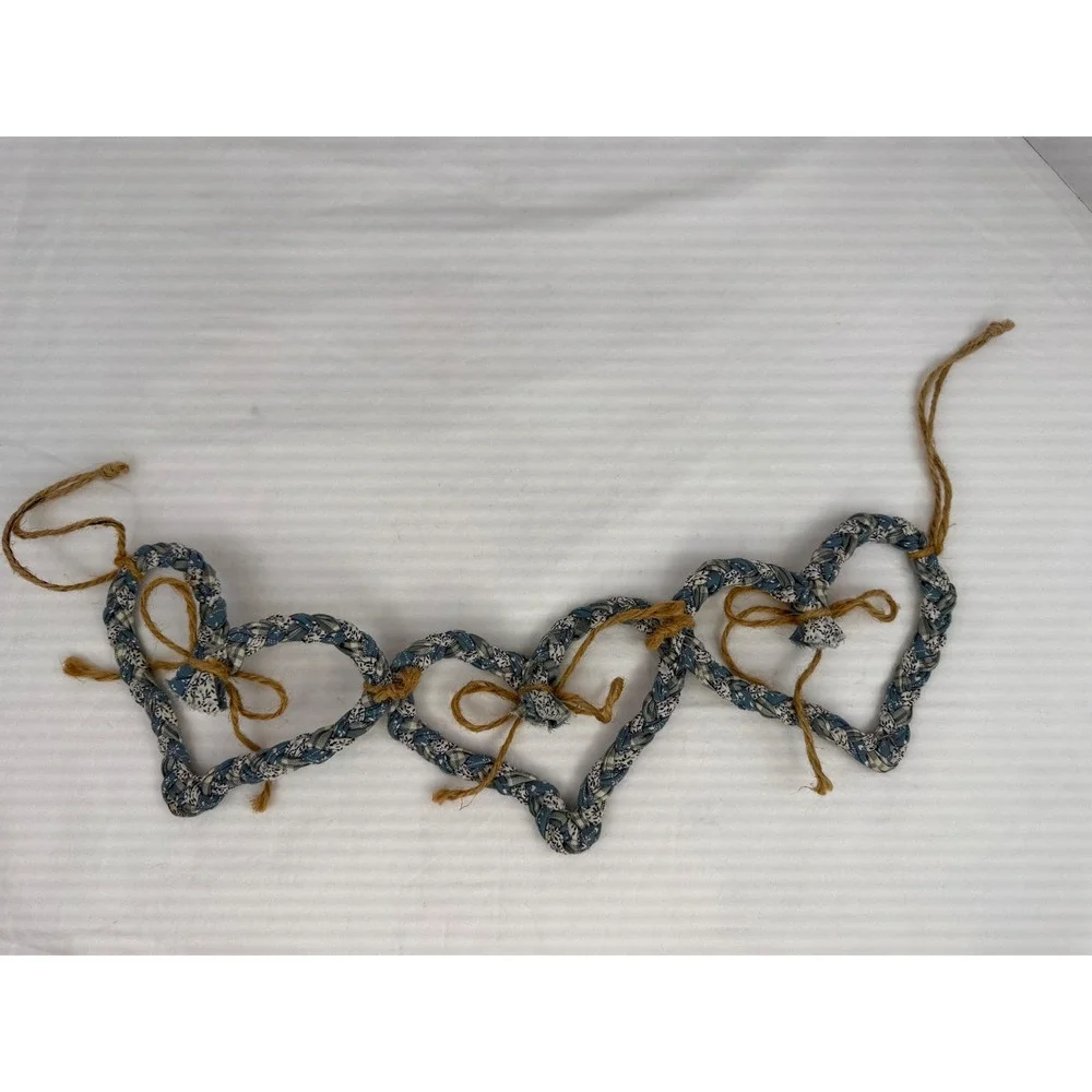Handmade Braided Fabric Heart Garland Blue White Calico‎ Farmhouse Decor 19 Inch